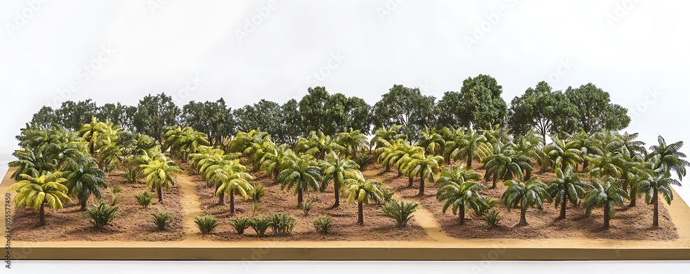 Poster a detailed model depicting a landscape with rows of palm trees and shrubs.