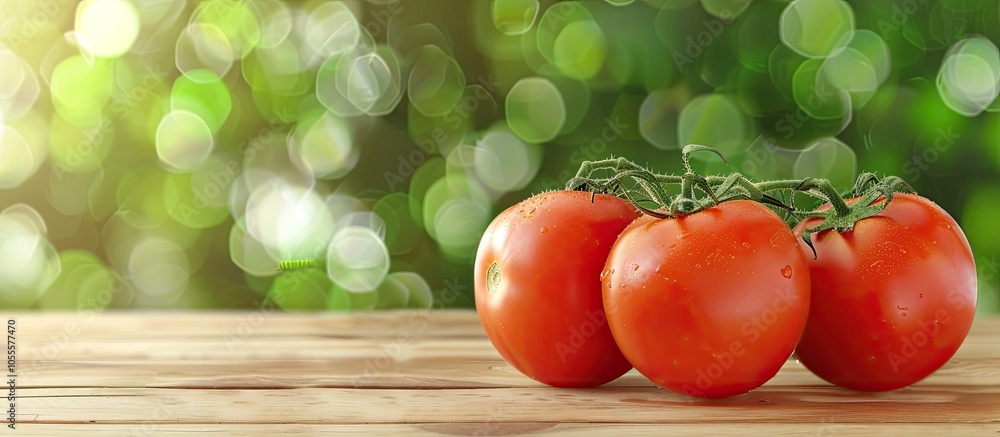 Poster three ripe red tomatoes displayed on the table with a blank copy space image
