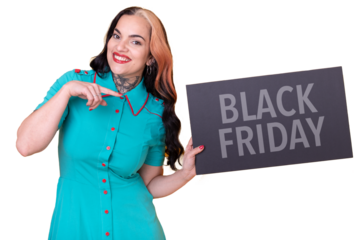 Beautiful woman holding and pointing a Black Friday sign over transparent background