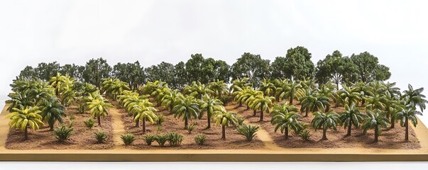 A detailed model depicting a landscape with rows of palm trees and shrubs.