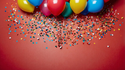 Colorful balloons and dynamic confetti are featured against a lively red background, exuding celebration and joy.
