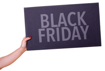 Female hand holding a Black Friday poster over transparent background