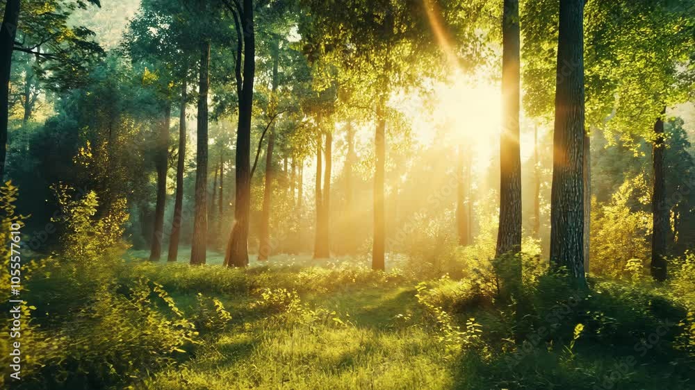 Poster sunlight streams through the trees in a forest, illuminating the green undergrowth and creating a ma