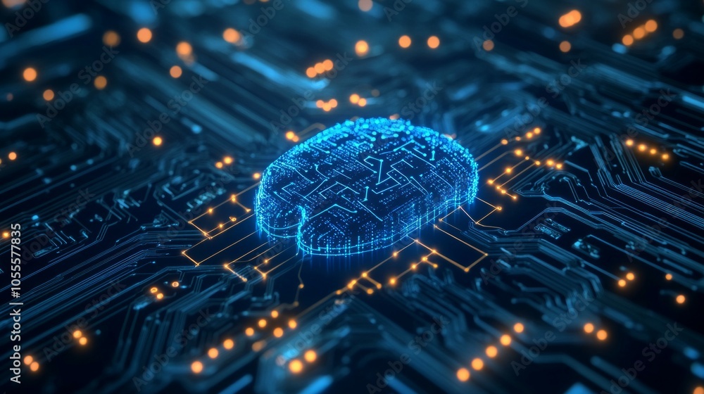 Poster brain neural circuit and with ai letters in a quantum computing system,