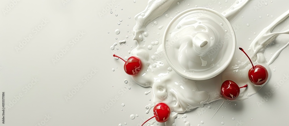 Poster overhead view of a white container with a dispenser atop spilled lotion accentuated by a red cherry 