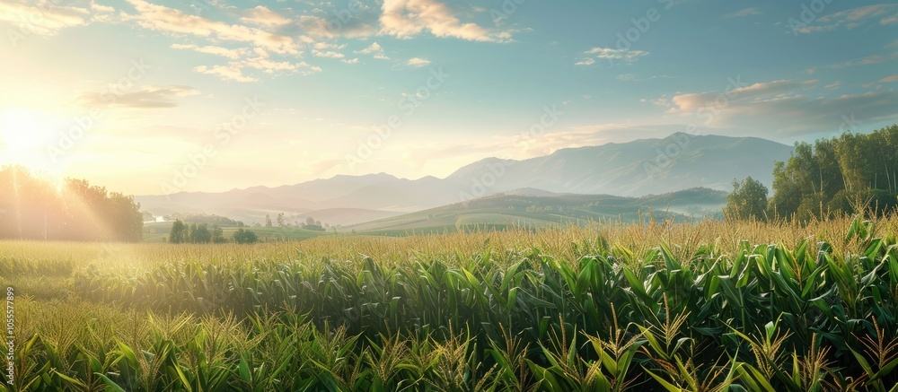 Poster a scenic agricultural landscape featuring a corn crop ripening in the field creating a picturesque v