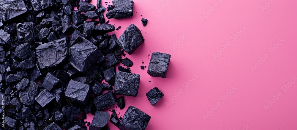 Aufkleber tablets of activated charcoal displayed on a pink backdrop with copy space image