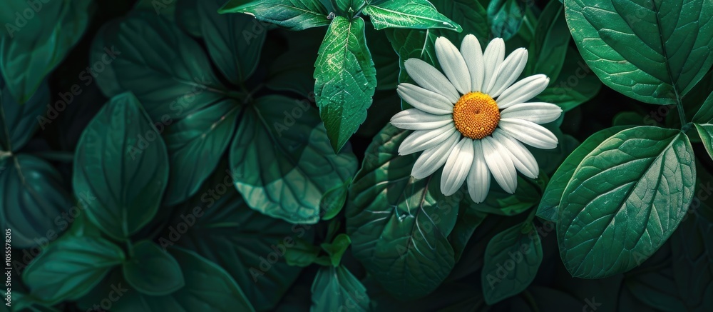 Poster a white daisy in full bloom among lush greenery in a garden setting creating an idyllic scene with c