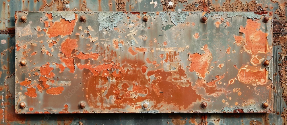 Poster photo of a rusty metal plate on the building s side with room for text or graphics. copy space image