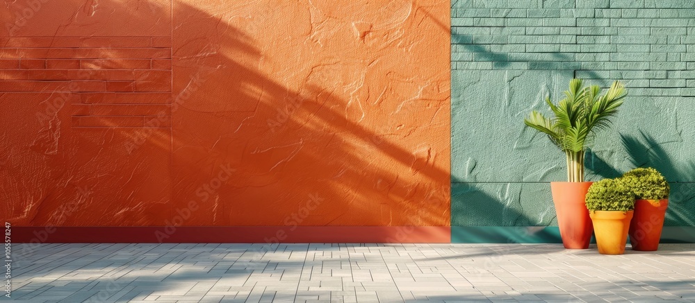 Poster geometric and embossed compositions on a brick wall create a stylish backdrop with ample copy space 