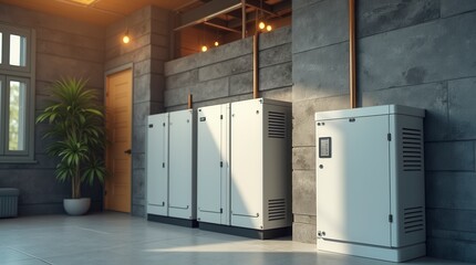 Concept Of A Home Battery Packs Alternative Electric Energy Storage System At Modern Home Garage Wall As Backup Or Sustainable Energy Concepts.