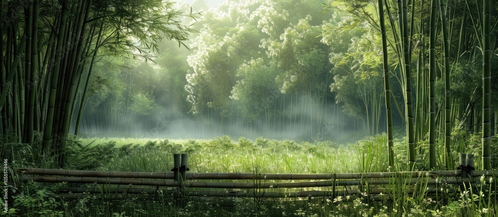 Poster bamboo fence and grassland in early summer set the scene in a 21st century forest and open space lan