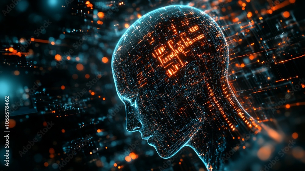 Poster brain neural circuit and with ai letters in a quantum computing system,