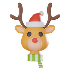 3D Render Adorable Reindeer in Santa Hat and Scarf Icon for Christmas Designs