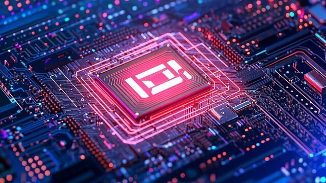 A close-up view of a computer chip with glowing red circuits, showcasing the intricate design of modern technology