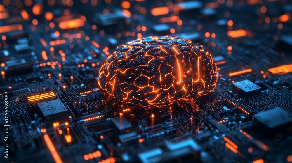 Poster brain neural circuit and with ai letters in a quantum computing system,