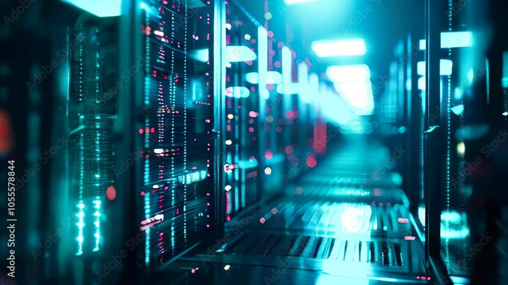 Poster data center with a row of computer servers. abstract generic concept of cyberspace, communication an