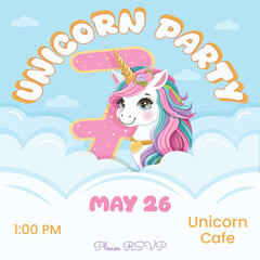 Birthday party invitation with beautiful unicorn and number 7. Cartoon character with colored hair and golden horn hid behind the clouds. Vector illustration in flat style