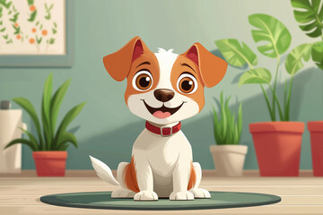 Fototapeta premium Happy cartoon dog sitting on floor in room with plants.