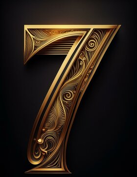 seven 7 number gold digital illustration on black background isolated design  art decorated aesthetic art nouveau style