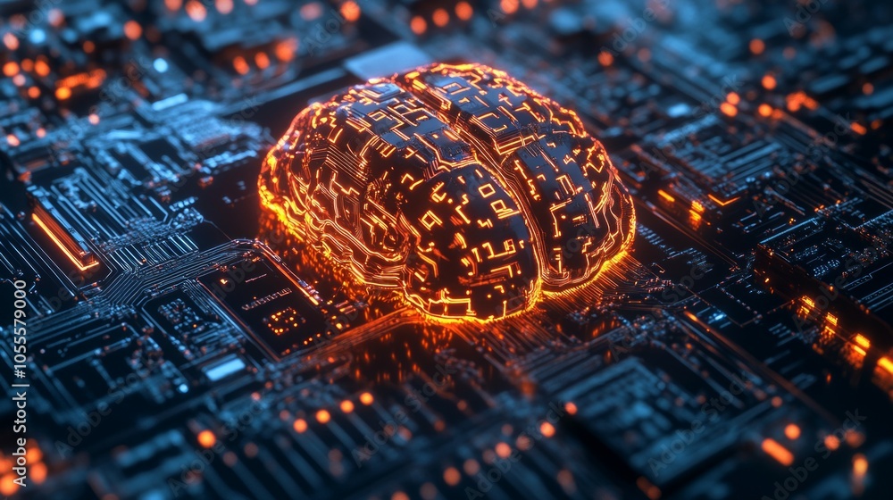 Poster brain neural circuit and with ai letters in a quantum computing system,