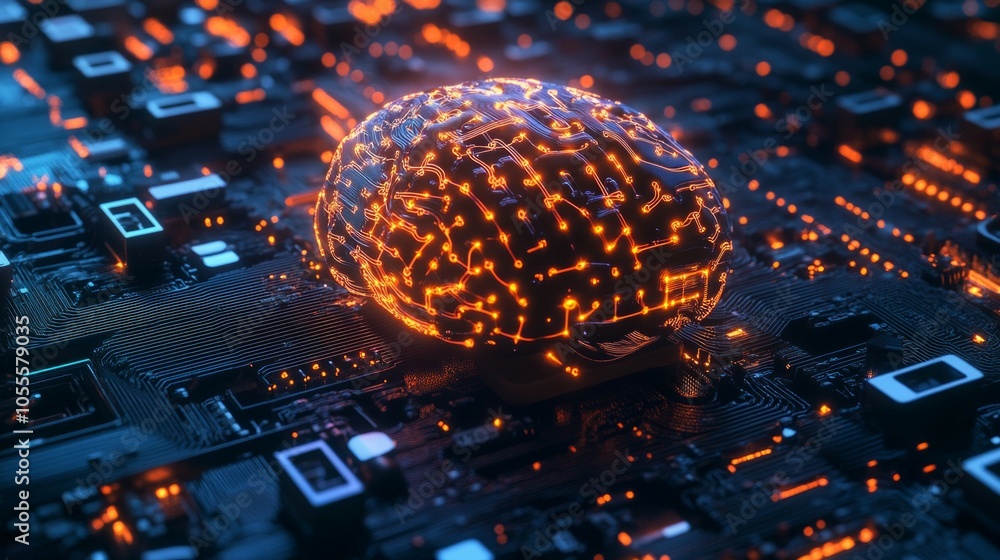 Poster brain neural circuit and with ai letters in a quantum computing system,