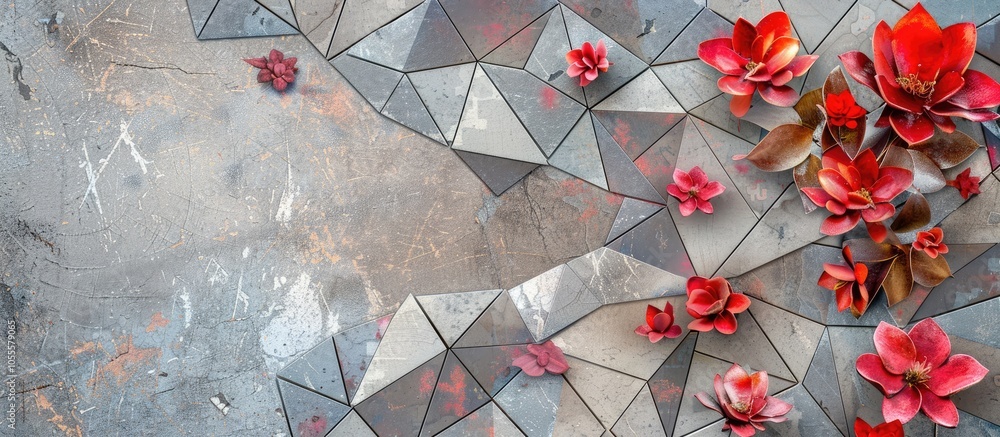 Aufkleber an abstract geometrical design on pavement featuring red gray and pink flowers with a blank backgrou