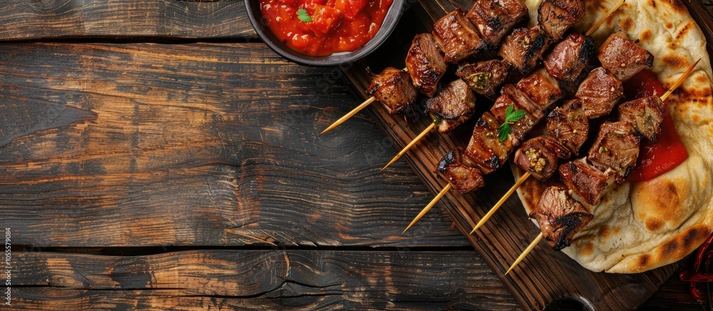 Poster grilled meat skewers with flatbread and red sauce on a wooden table with copy space image