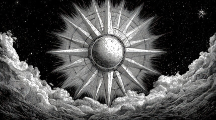 Celestial nautical compass engraving - vintage wind rose map design for navigation and exploration themes