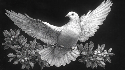 Peaceful dove with olive branch sketch for artistic design and decoration