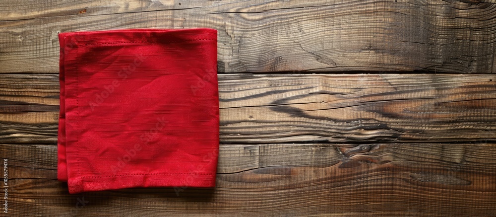 Poster a bird s eye view of a red kitchen napkin on a table surface showcasing an empty space for imprints 