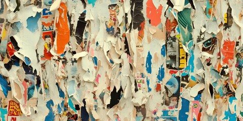 Fototapeta premium Abstract urban decay collage. Urban layers and vintage elements form colorful texture. Street art and paper texture compose an expressive chaotic artwork. Vibrant dynamic, creates visual interest.