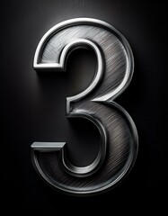 3 three number silver steel iron metal metallic on black background isolated simple minimalist modern design