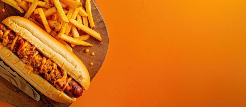 Top view of a curried sausage currywurst meal on a wooden board with french fries against an orange background featuring copy space image