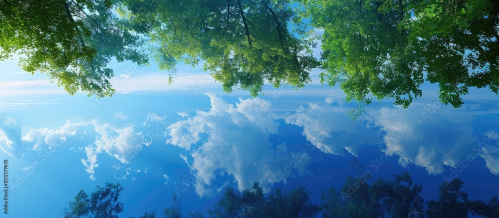 Poster reflection of the sky and trees on clear blue water with a copy space image