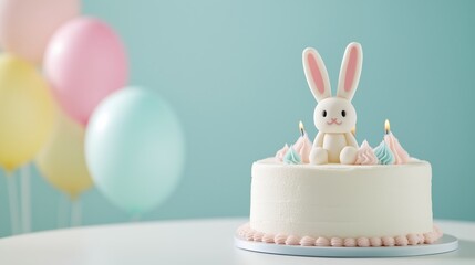 A festive birthday cake topped with a bunny decoration amidst colorful balloons in a bright setting.