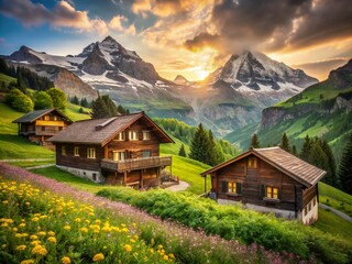 Obraz premium Vintage Swiss Village Charm in Tschiertschen - Serene Countryside Photography