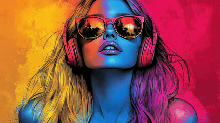 Vibrant pop art of a girl listening to music and dancing with headphones