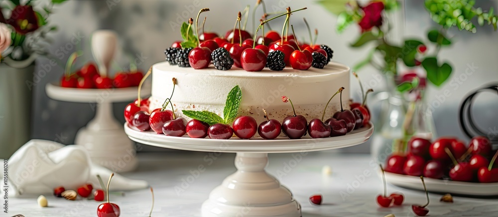 Poster front view of cherry and almond cake on a cake stand surrounded by fresh fruits set against a light 