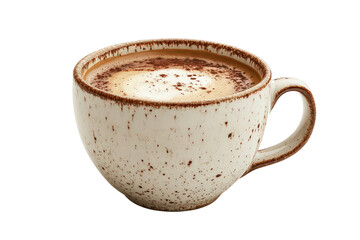 Fototapeta premium Speckled ceramic cup filled with creamy cappuccino, topped with frothy foam and sprinkled cocoa, perfect for cozy moments.