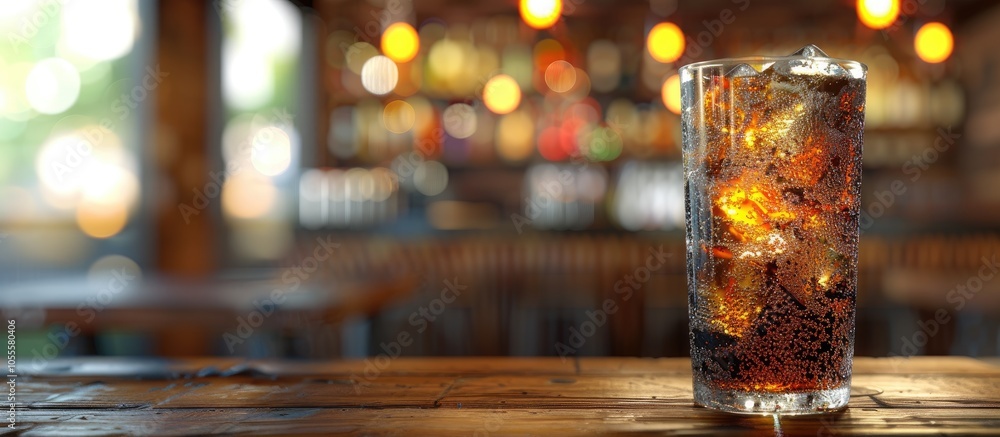 Poster close up of a refreshing soda drink on a restaurant table with copy space image