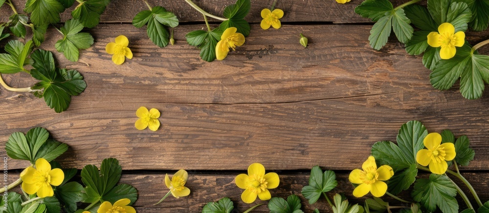 Poster top view of lovely celandine flowers arranged on a wooden surface with a designated area suitable fo