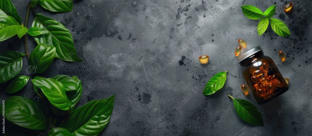 Poster top view of a bottle containing pills and green leaves set against a concrete background with space 