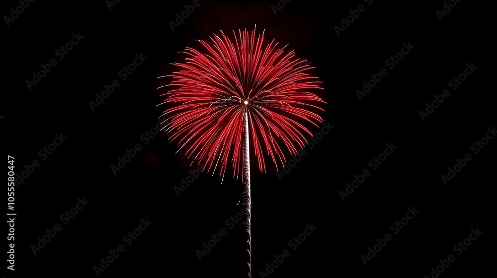 Poster vibrant red firework with sparkling silver tail exploding in
