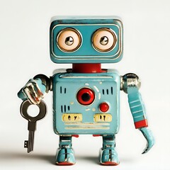 Fototapeta premium Cartoon wind-up toy robot with a key in its back on a white background.