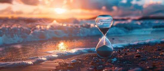 Hourglass on a beach at sunrise symbolizing the value of time with the phrase Time is gold in a copy space image