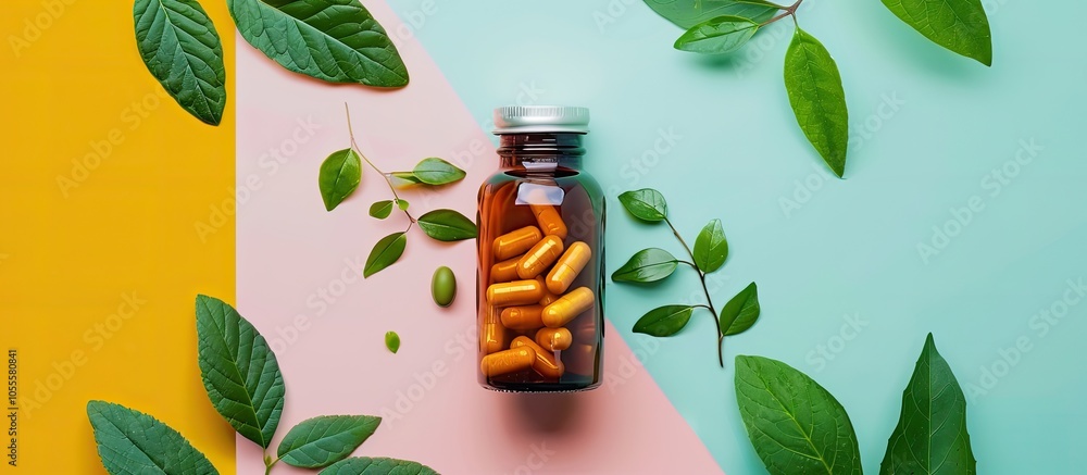 Poster top view of a bottle with pills and green leaves on a colorful background with space for text or oth