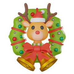 Naklejka premium 3D Render Adorable Reindeer on Christmas Wreath with Bells Gold Icon for Seasonal Themes.