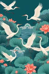 Elegant Painting of Graceful Cranes Soaring Over a Tranquil Lotus Pond - Exquisite Oriental Style Floral and Wildlife Artwork