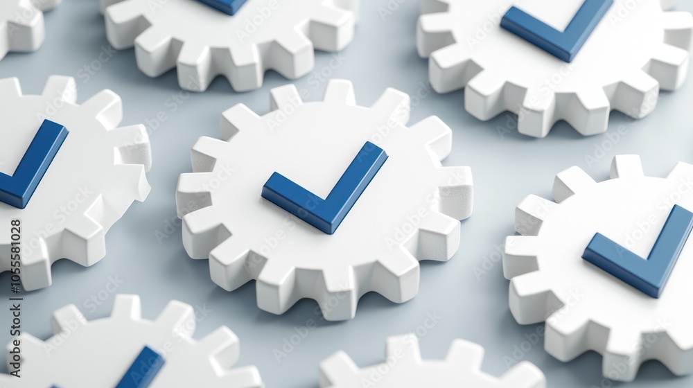 Poster technological quality control concept with checkmarks, gears, and copy space in 32k resolution